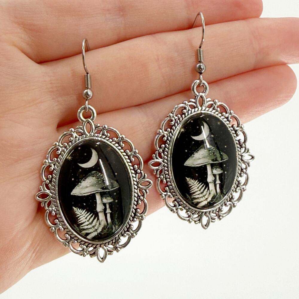 Mushroom Moon Earrings Gothic Silver Tone Dangle Cottagecore Witchy